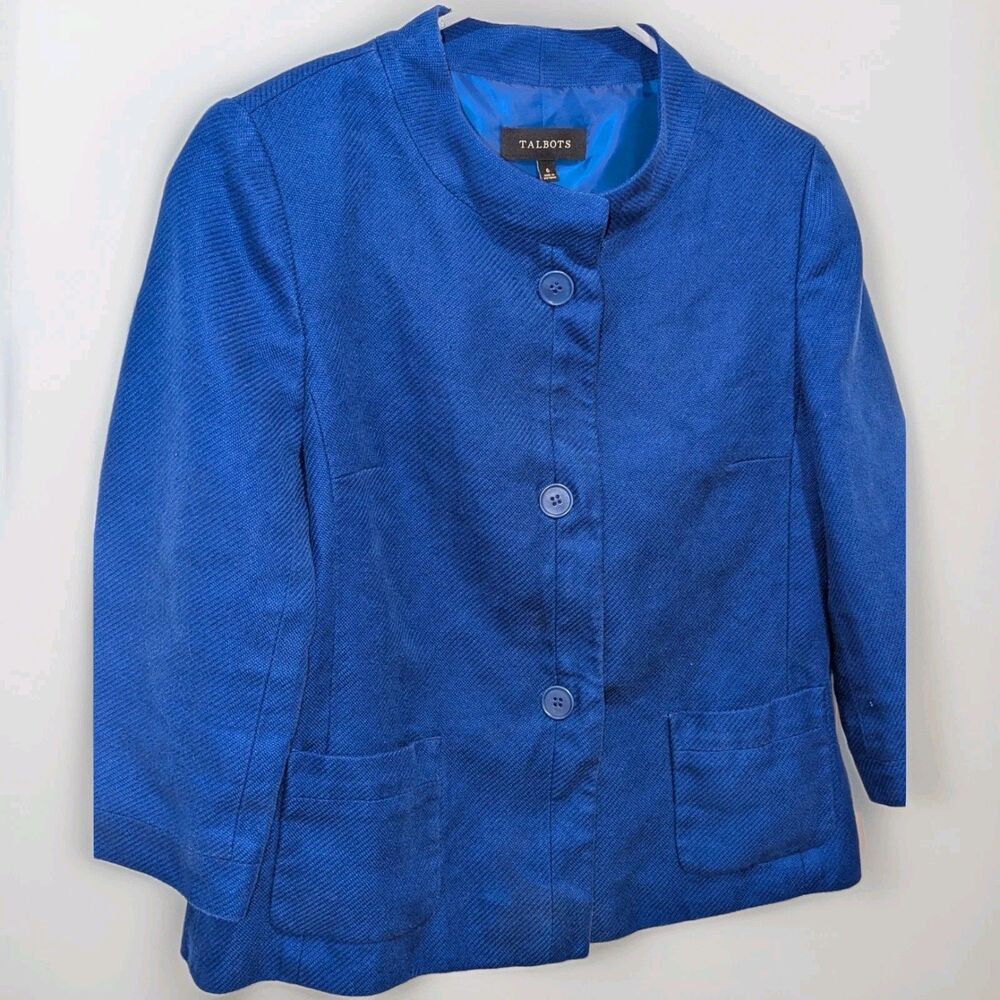 Talbots Size 6 Royal Blue 100% Linen Button Up Jacket Blazer Quiet Luxury Career